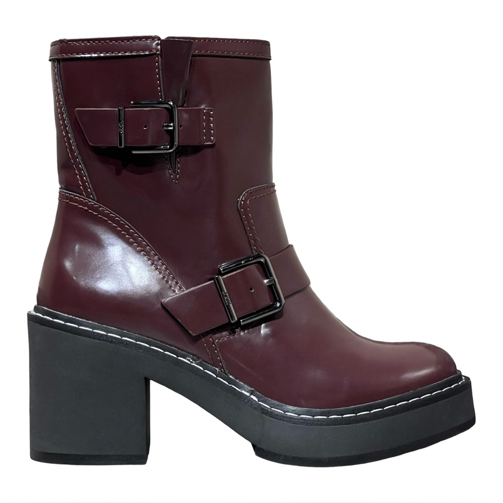 NWOT DKNY Daray Faux Leather Block Heel Motorcycle Booties Bordeaux Red Size 7